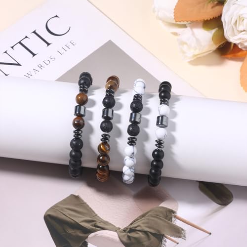 Giovanchi 4-12PCS Bracelets for Men, 8MM Mens Bracelets Lava Rock Black Obsidian Howlite Tiger Eye Beaded Natural Stone Bracelet Jewelry Gifts for Birthday Christmas - style: 4Pcs B