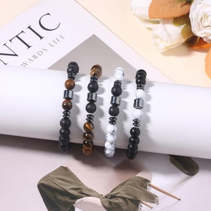 Giovanchi 4-12PCS Bracelets for Men, 8MM Mens Bracelets Lava Rock Black Obsidian Howlite Tiger Eye Beaded Natural Stone Bracelet Jewelry Gifts for Birthday Christmas - style: 4Pcs B