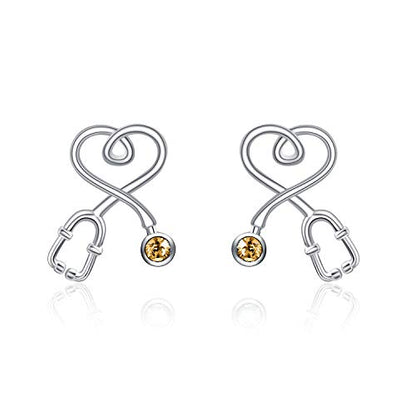 Stethoscope Earrings 925 Sterling Silver Heart Studs Earrings 12 Months Birthstone Crystals from Austria, Graduation Jewelry Gifts for Nurse Doctor RN Medical Student - color: Simulated Topaz 1