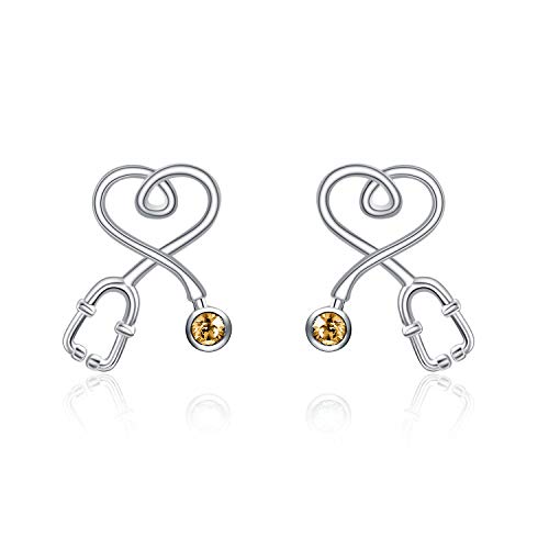 Stethoscope Earrings 925 Sterling Silver Heart Studs Earrings 12 Months Birthstone Crystals from Austria, Graduation Jewelry Gifts for Nurse Doctor RN Medical Student - color: Simulated Topaz 1