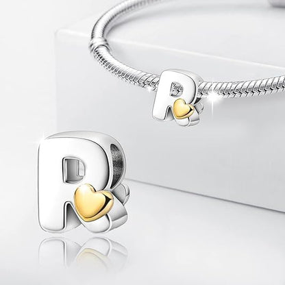 Two-Tone Gold Heart S925 Silver Letter Charm Fits Pandora Bracelet Necklace | Initial Bead Two-Tone Gold Heart, DIY European Bracelet Accessory, Gift for Ladies Birthday Anniversary Valentine - style: R