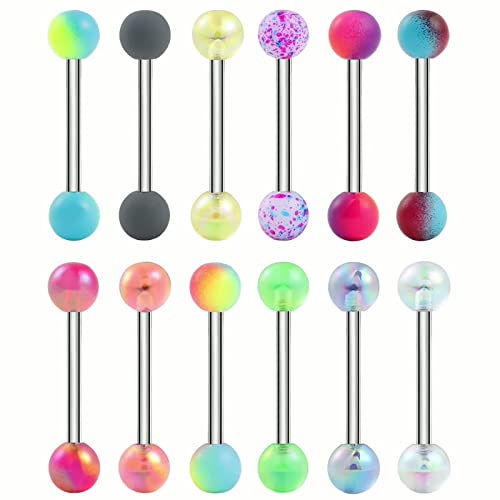 12/16/24Pcs Tongue Rings for Women Candy Color Ball Tongue Nipple Piercing 14G Surgical Steel Barbell Tongue Retainer Body Jewelry Bar Length 16mm - style: Style2-24Pack