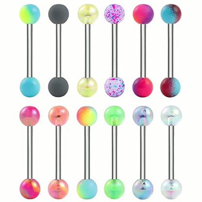12/16/24Pcs Tongue Rings for Women Candy Color Ball Tongue Nipple Piercing 14G Surgical Steel Barbell Tongue Retainer Body Jewelry Bar Length 16mm - style: Style2-24Pack