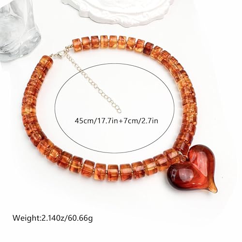 Chunky Heart Necklaces for Women Colorful Resin Beaded Necklaces for Women Gold Puffy Heart Statement Necklace Trendy Acrylic Choker Jewelry Gift - color: Brown