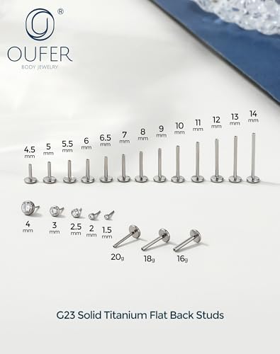 OUFER 2Pcs 20G/18G/16G G23 Titanium Threadless Nose Stud Earrings Flat Back Tiny CZ Small Nose Helix Cartilage Tragus Conch Labret Medusa Monroe Piercing Jewelry for Women Men - color: Silver, size: 2pcs, 16g 4.5mm, 2.5mm cz
