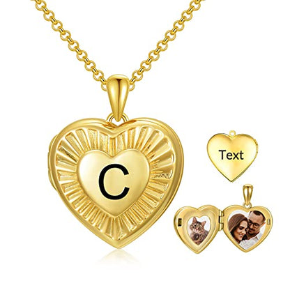 SOULMEET 10K 14K 18K Solid Yellow Gold/Plated Gold Locket Radiation Initial Heart Locket Necklace that Holds Pictures Personalized Photo Locket Necklace Alphabet A-Z - style: C-locket+photo+text