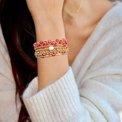 Dainty Gold Plated Pearl Crystal Beaded Bracelets Set for Women 14K Gold Plated Bead Pearl Beads Bracelet Stackable Paperclip Link Chain Bracelets Gold Plated Bracelets for Women Trendy Jewelry - color: Style5-1 Red