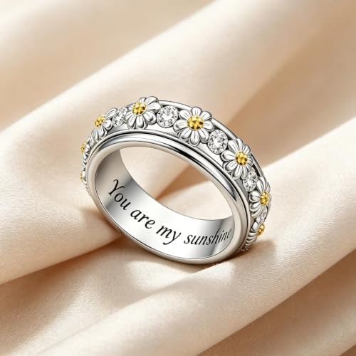Daisy Anxiety Rings for Women 18K White Gold Plated Daisy Anxiety Rings You Are My Sunshine Flower Fidget Ring Jewelry Gifts for Women
