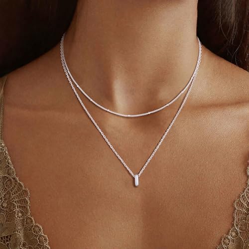 Thaivor Initial Necklaces for Women 14K Gold Plated Bubble Letter Necklace Layered Dainty Cute Choker Pendant Stack Jewelry Fashion Accessories Teen Trendy Gift - color: Silver, style: I
