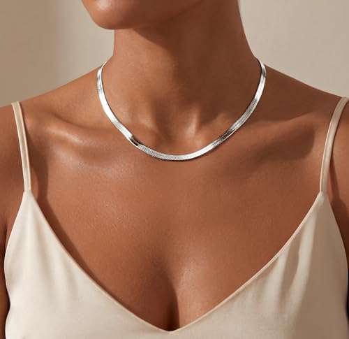 WomenGifts 14K Gold Silver Plated Herringbone Necklace for Women, Dainty Snake Chain Choker, Trendy Simple Long Layered Jewelry Non Tarnish, 3/4/5/8mm,14,16,18,20,22,24,26 Inch Thin & Chunky Options - color: Silver, style: 5mm-16inch
