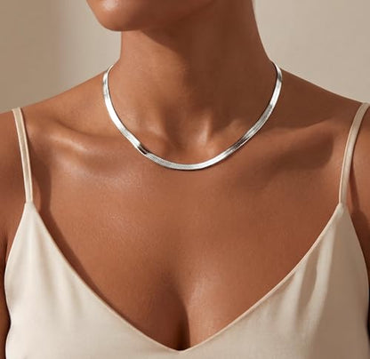 WomenGifts 14K Gold Silver Plated Herringbone Necklace for Women, Dainty Snake Chain Choker, Trendy Simple Long Layered Jewelry Non Tarnish, 3/4/5/8mm,14,16,18,20,22,24,26 Inch Thin & Chunky Options - color: Silver, style: 5mm-16inch