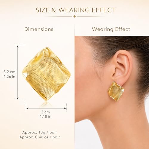 18K Gold Plated Statement Stud Earrings for Women Hypoallergenic Geometric Wave Earrings Irregular Textured Chunky Fashion Jewelry Gifts for Womens - color: Gold