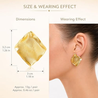 18K Gold Plated Statement Stud Earrings for Women Hypoallergenic Geometric Wave Earrings Irregular Textured Chunky Fashion Jewelry Gifts for Womens - color: Gold