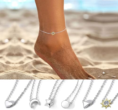 ChicSilver Personalized 925 Sterling Silver Tiny Heart/Moon/Star/Sun/Dot/Triangle Anklets Simple Dainty Foot Jewelry for Women, Silver/Gold Plated/Rose Gold Plated - style: Gold Sun