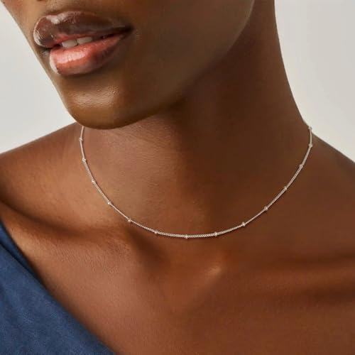MEVECCO Dainty Choker Necklaces for Women, Beaded and Multi-Row Chains | 14K Gold Plated Brass, Select Silver Plated Brass Options, Polished And Textured Profiles For Everyday Styling - style: Silver Satellite Bead