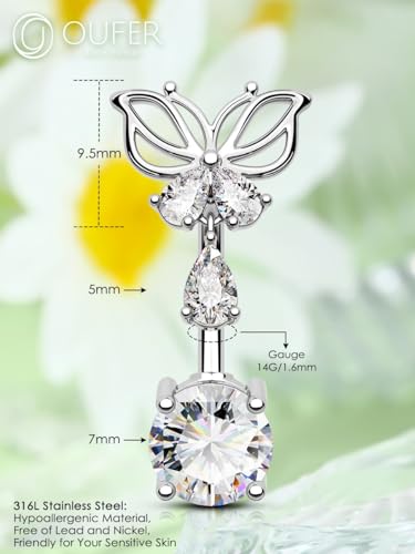 OUFER Belly Button Rings, Butterfly Belly Rings, 316L Surgical Steel Navel Rings, Clear CZ Belly Piercing Jewelry, Dangle Belly Rings For Women Men