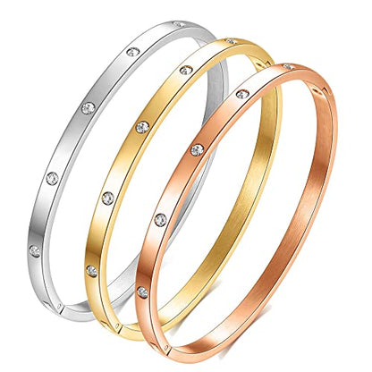 VQYSKO Love Friendship Bracelet Bangle Gold Rose Gold Silver with Cubic Zirconia Stones Stainless Steel Hinged Jewelry with Crystal Oval Bracelet Birthday Present for Her Women Teen Girls - style: 6.5Inch-4MM-Oval-Rose Gold