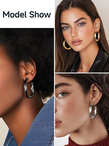 PROSTEEL Chunky Hoop Earrings for Women 14K Gold Plated/Black/Silver | 20/30/40/50/60/70/80mm Stainless Steel Thick Big Round Hoop with Waterproof and Non Tarnish Trendy Jewelry with Gift Box - color: 4. Black, size: 40MM