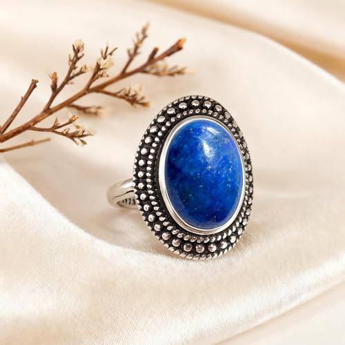 Retro Sterling Silver Stone Ring,Antique Natural Real Oval Crystal Quartz Gemstone Boho Bohemian Ring Jewelry for Women - color: A08_Lapis Lazuli