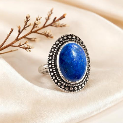 Retro Sterling Silver Stone Ring,Antique Natural Real Oval Crystal Quartz Gemstone Boho Bohemian Ring Jewelry for Women - color: A08_Lapis Lazuli