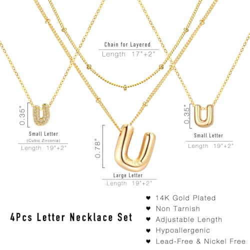 stino 4PCs Bubble Initial Letter Necklace Set, No Tarnish 14K Gold Plated Alphabet Pendant, Jewelry for Women - style: U