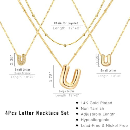 stino 4PCs Bubble Initial Letter Necklace Set, No Tarnish 14K Gold Plated Alphabet Pendant, Jewelry for Women - style: U