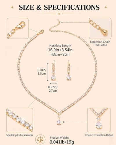 Silver Rhinestone Necklace and Earring Set for Women – Bridal Wedding Jewelry Set, Bridesmaid Accessories, Prom and Formal Costume Jewelry - color: Gold
