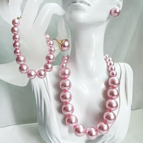 Chunky Beaded Jewelry Set, Necklace Earrings Bracelet Ring for Women Party | Simulated pearl jewelry set, necklace earrings bracelet & ring. Elegant chunky beaded, ideal gift for wedding and daily wear. - color: Pink