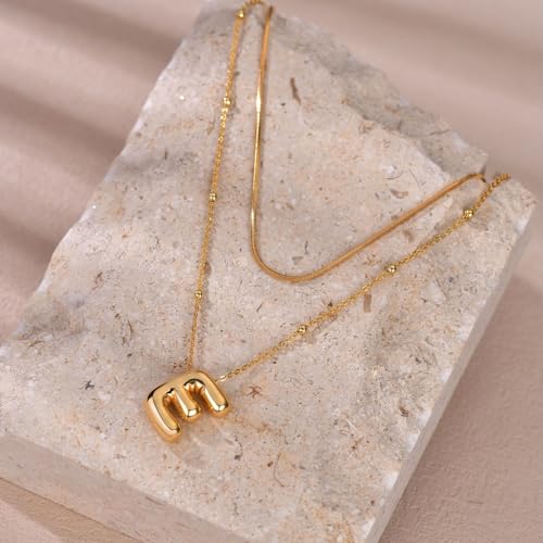 LUCA SMITH 2-Piece Initial Necklaces for Women, Dainty Balloon Bubble A-Z Letter Necklace Set, Name Letter Alphabet Pendant Layered Choker Necklaces Personalized Jewelry Gift - color: Gold bubble letter necklace, style: Initial Set-E