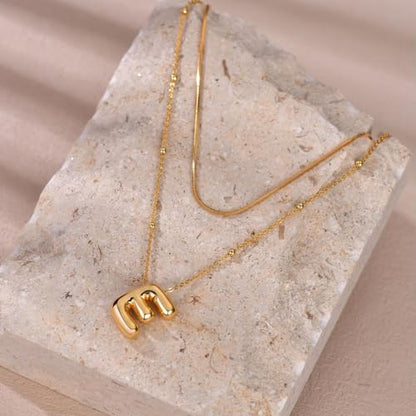 LUCA SMITH 2-Piece Initial Necklaces for Women, Dainty Balloon Bubble A-Z Letter Necklace Set, Name Letter Alphabet Pendant Layered Choker Necklaces Personalized Jewelry Gift - color: Gold bubble letter necklace, style: Initial Set-E