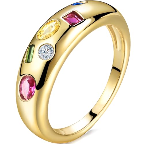 AllenCOCO Chunky Gold Plated Rings for Women - Trendy Cubic Zirconia 14k Gold Filled Stackable Rings - color: Multi-Stone Dome Ring