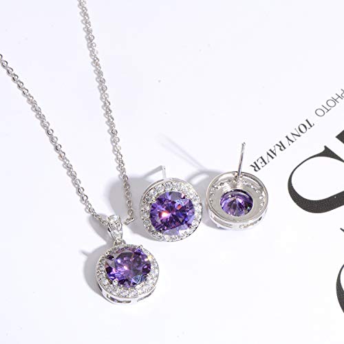 Bridal Crystal Jewelry Set - Sterling Silver Round Cubic Zirconia CZ Rhinestone Halo Birthstone Pendant Necklace Stud Earrings Set for Wedding Bride Bridesmaids Birthday Gift - color: Amethyst Violet