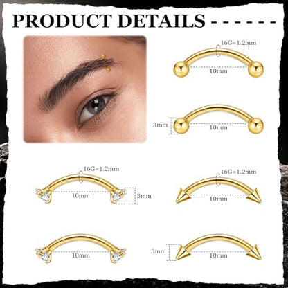 16G G23 Pure Titanium Eyebrow Piercing Jewelry for Women Men Small Curved Barbell Belly Ring Eyebrow Vertical Labret Lip Tongue Ring Rook Helix Conch Daith Earring Piercing Jewelry 6-10MM - color: Gold, size: 10MM-Relatively Long