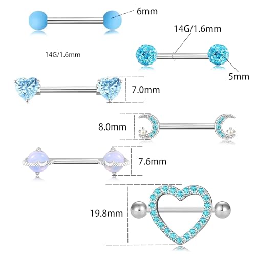 14G Nipple Rings for Women 316L Stainless Steel Heart,Butterfly,Moon,Devil,Flower Nipple Barbell CZ Nipple Rings Set Nipplerings Piercing Jewelry - color: BLIE