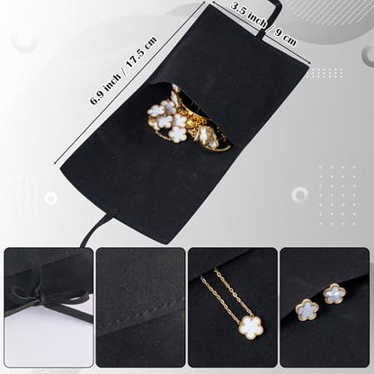 Lucky Flower Alloy Jewelry, Lucky Flower Design Necklace Earrings Bracelet Bangle Ring Jewelry Set, Clover Gold Plated Chain Wrap Ornament & Plush Pouch for Women - color: White