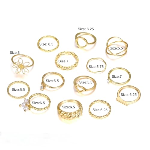 Chunky Gold Rings for Women Non Tarnish, Baroque Pearl Flower Tiger's Eye Stone Rings Adjustable Stacking Statement Rings Set Fashion Jewelry Gifts - style: Croissant/Handmade flower_gold