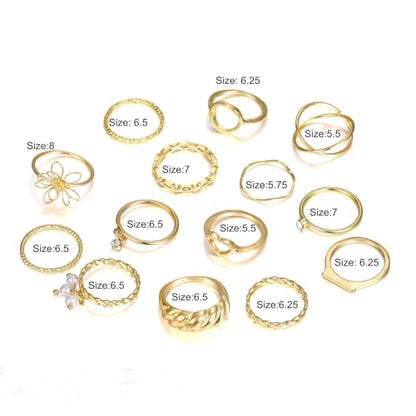 Chunky Gold Rings for Women Non Tarnish, Baroque Pearl Flower Tiger's Eye Stone Rings Adjustable Stacking Statement Rings Set Fashion Jewelry Gifts - style: Croissant/Handmade flower_gold