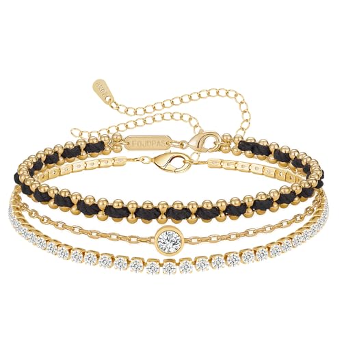 14K Gold Plated Bracelets for Women 2 Pcs Set - Red String & Cubic Zirconia Tennis Bracelet, Layered Stackable Adjustable Wristbands, Hypoallergenic Handmade Jewelry Gifts for Mom Wife Her - color: black