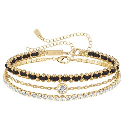 14K Gold Plated Bracelets for Women 2 Pcs Set - Red String & Cubic Zirconia Tennis Bracelet, Layered Stackable Adjustable Wristbands, Hypoallergenic Handmade Jewelry Gifts for Mom Wife Her - color: black