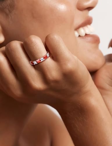 3.5mm Half Eternity Band Sterling Silver Rings for Women Sapphire/Ruby/Emerald and Cz Wedding Bands 7 Stone Stackable Birthstone Ring Anniversary Jewelry Size 6-10 - color: 01-Garnet-Jan.