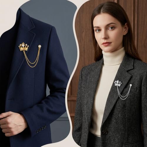 Crown Suit Pins 2PCS Men's Crown Hanging Chain Brooch, Retro Crystal Brooch | for Men, Suit Pin Badge with Chains, Collar Lapel Pins, Shirt Decoration, Metal Clips, Women Tuxedo Tie, Hat Scarf
