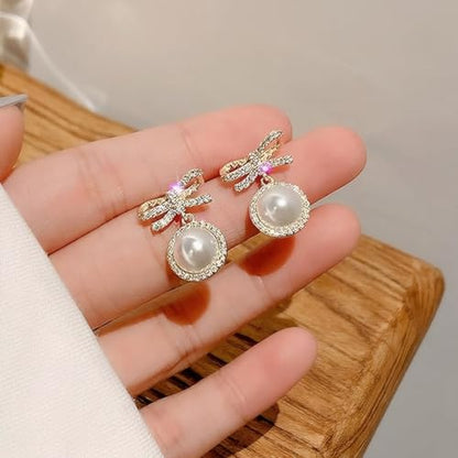 Gold Bow Earrings for Women, Long Tassel Chain Drop Earrings, Trendy Small Bow Earrings, Ribbon Waterfall Dangling Earrings, Pearl Bow Earrings, Sparkly Elegant Bowknot Preppy Jewelry Gifts for Women - color: Gold Bow-E
