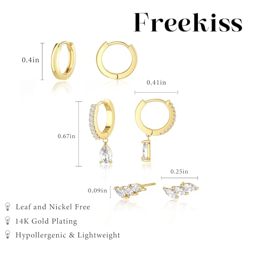 Freekiss 3 Pairs Hoop Earrings Set - Dainty Stud Dangle Cartilage for Women | Hypoallergenic Earrings, Cubic Zirconia Stackable Trendy Small Set Jewelry Gifts for Women - style: 3CZ Teardrop Set-gd