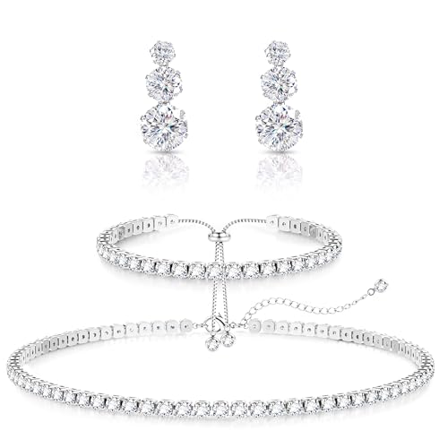 LOLIAS Silver Jewelry Set for Women Tennis Necklace Bracelet Hypoallergenic | Wedding Jewelry Sets for Brides Bridemaid,Costume Party Prom Accessories,Chockers Necklace CZ Tennis Bracelet Earrings Studs - style: Tennis Necklaces Bracelet+Graduated Drop Ea