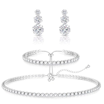 LOLIAS Silver Jewelry Set for Women Tennis Necklace Bracelet Hypoallergenic | Wedding Jewelry Sets for Brides Bridemaid,Costume Party Prom Accessories,Chockers Necklace CZ Tennis Bracelet Earrings Studs - style: Tennis Necklaces Bracelet+Graduated Drop Ea