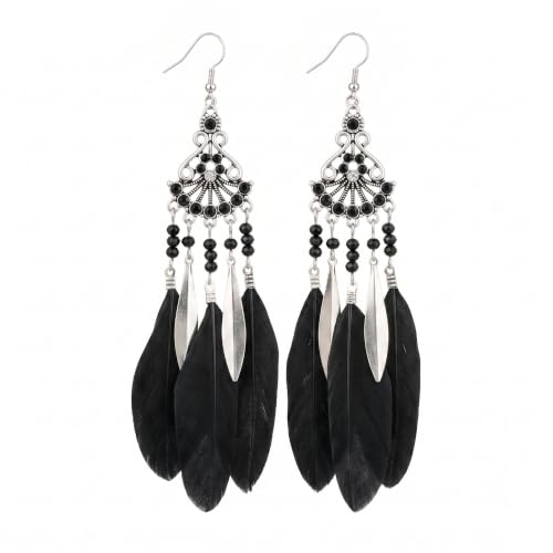 FRESHME Feather Earrings for Women - Native American Jewelry Boho Dangle Ethnic Indian Ear Drop for Music Festival Birthday - color: Black