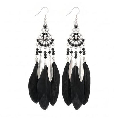 FRESHME Feather Earrings for Women - Native American Jewelry Boho Dangle Ethnic Indian Ear Drop for Music Festival Birthday - color: Black