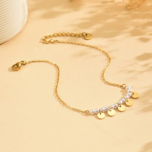 Gold Ankle for Women 18K Gold Plated Tennis Sapphire Paperclip Pearl Sequin Droplet Lip Link Chain Large Anklet Bracelets Simple Beach Summer Waterproof Foot Jewelry - color: Pearl Sequin-Gold