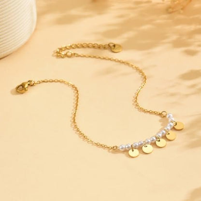 Gold Ankle for Women 18K Gold Plated Tennis Sapphire Paperclip Pearl Sequin Droplet Lip Link Chain Large Anklet Bracelets Simple Beach Summer Waterproof Foot Jewelry - color: Pearl Sequin-Gold