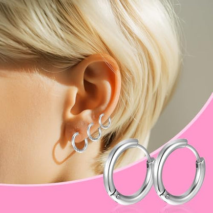 5 Pairs Solid Titanium Hoop Earrings Silver Small Stainless Steel Hoop Earrings 8mm 10mm 12mm 14mm 16mm Huggie Earring Hoops for Women Men